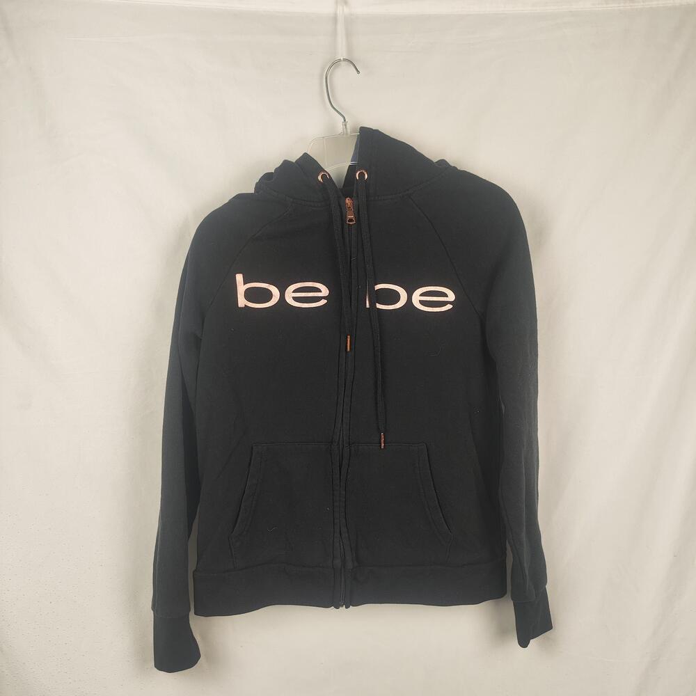 Bebe Sport Hoodie Womens Small Black Fleece Full Zip Logo Raglan Sweatshirt